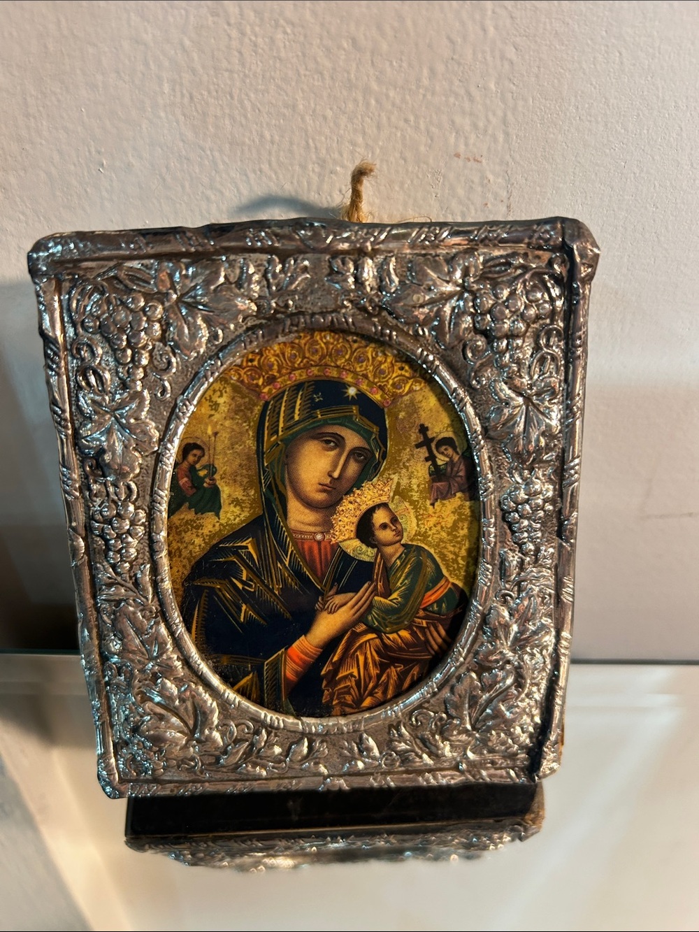 Religious Icon Plaque with Silver Embossed Frame - Gold and Blue 4.5” x 4”
